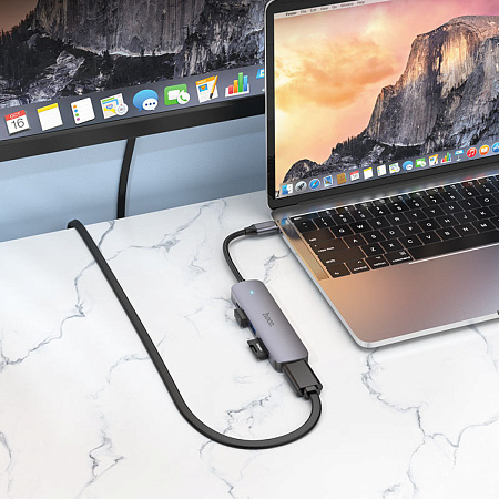 USB Хаб (HB28) c 1 Type-C на 1 USB 3.0 + 1 USB 2.0+1 USB-C+HDMI+MicroSD+SD, HOCO, металлический серый