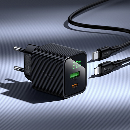Сетевое зарядное устройство, 1 PD 20W + 1 USB 3.0 QC (CS83A), HOCO, Type-C to Lightning, с дисплеем, черный