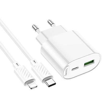 Сетевое зарядное устройство, 1 PD 20W + 1 USB 3.0 QC (C109A), HOCO, Type-C to Lightning, белый