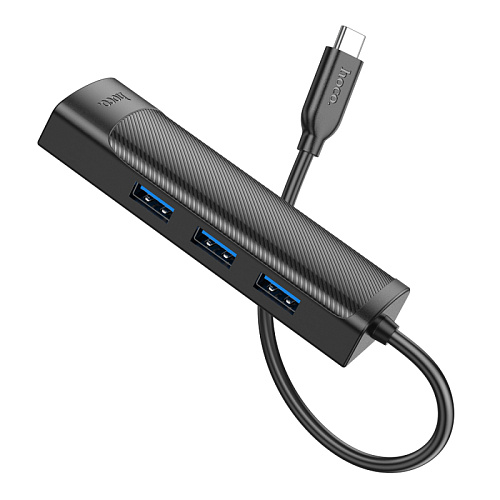 USB Хаб (HB42) с 1 Type-C на 3 USB 3.0+RJ45, HOCO, L=0.2M, черный