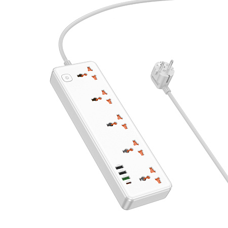 Сетевой фильтр на 5 розеток+3 USB+1 PD, 1.5м, AC14A, HOCO, белый