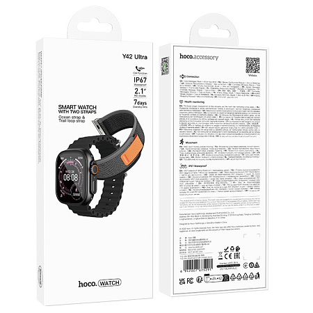 Умные часы Y42 Ultra Smart watch Hoco с поддержкой звонков, 2 ремешка в комплекте, черные
