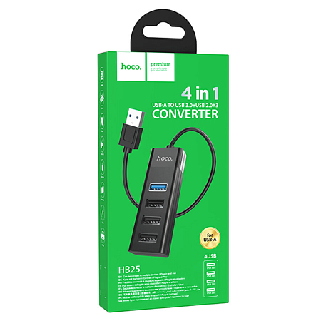 USB Хаб (HB25) c 1 USB на 1 USB 3.0 + 3 USB 2.0, HOCO, черный