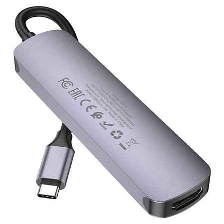 USB Хаб (HB28) c 1 Type-C на 1 USB 3.0 + 1 USB 2.0+1 USB-C+HDMI+MicroSD+SD, HOCO, металлический серый