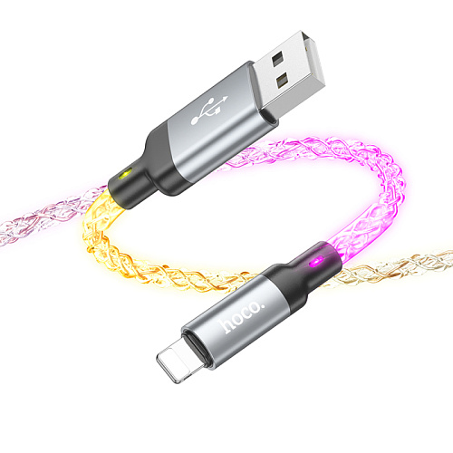 USB дата кабель Lightning, HOCO, U112, 1м, светящийся, серый