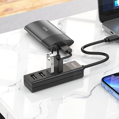 USB Хаб (HB25) c 1 Type-C на 1 USB 3.0 + 3 USB 2.0, HOCO, черный
