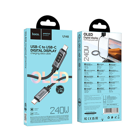 USB Кабель Type-C, HOCO, U148, 1.2м, 100W с дисплеем, черный