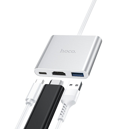 USB Хаб (HB14) c 1 Type-C на USB 3.0+HDMI+PD, HOCO, серебро