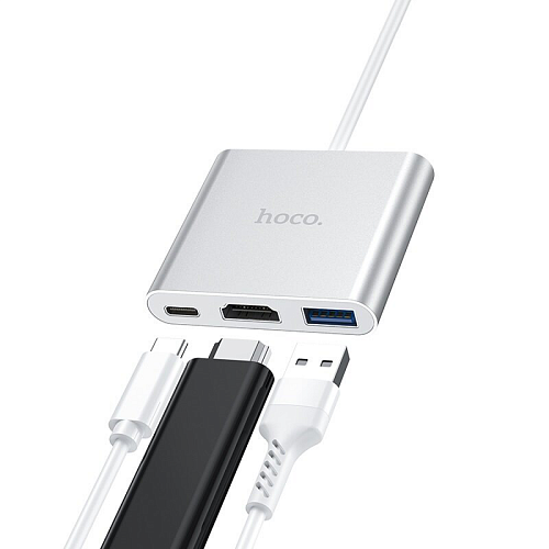 USB Хаб (HB14) c 1 Type-C на USB 3.0+HDMI+PD, HOCO, серебро