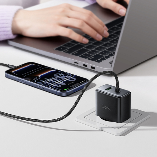 Сетевое зарядное устройство, 1 Type-C 25W + 1 USB 3.0 QC (C164A), HOCO, встроенный кабель Type-C, черный