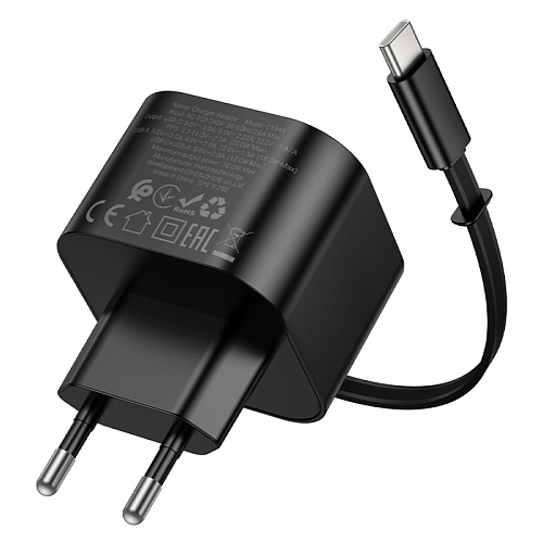 Сетевое зарядное устройство, 1 USB 3.0 QC+встроенный кабель-рулетка Type-C, 20W (C154A), HOCO, черный