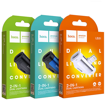 Переходник c Lighting на разъем Lightning+наушники Lightning, LS31, HOCO, синий