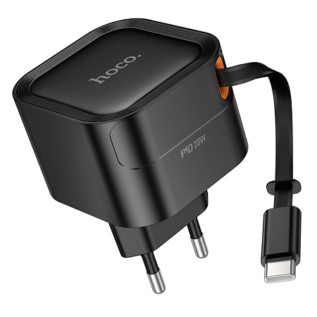 Сетевое зарядное устройство, встроенный кабель-рулетка Type-C, 20W (C153A), HOCO, черный