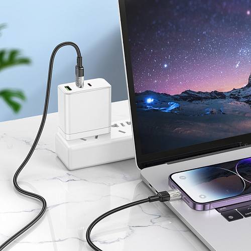 Кабель Lightning to Type-C (PD), HOCO, U129, 1.2м, черный с прозрачным
