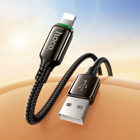 USB дата кабель Lightning, HOCO, X127, 1 метр, ток до 2.4A, оплетка, цвет черный