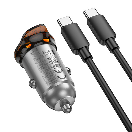 Автомобильное зарядное устройство, 1 USB QC3.0 18W, 1 PD 25W (NZ16A), HOCO, Type-C to Type-C, серый