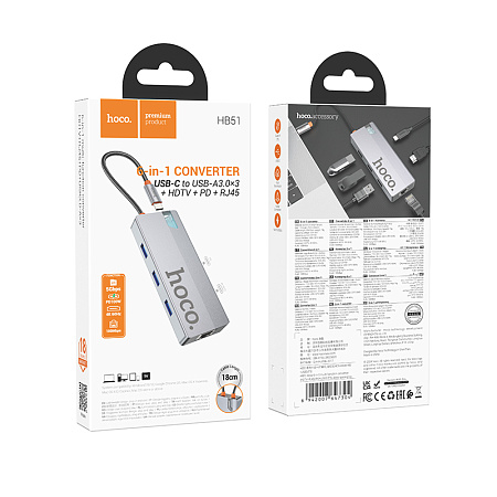 USB Хаб (HB51) с 1 Type-C на HDTV+RJ45+PD+3 USB 3.0, HOCO, серый