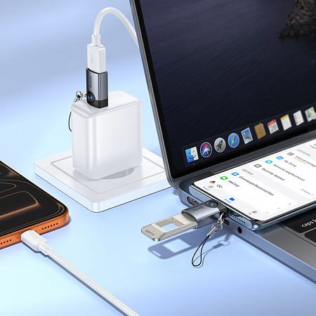 Переходник OTG Type-C, Type-C (папа) на USB 3.0 (мама), UA46C, HOCO, серый