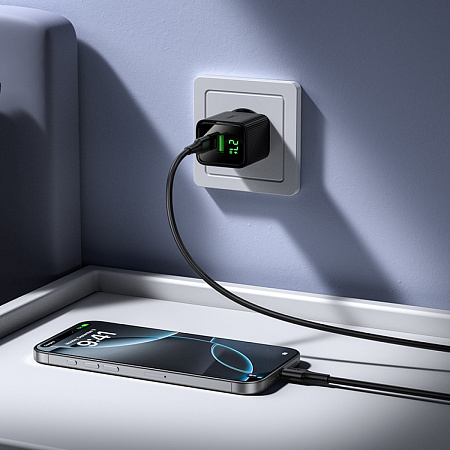 Сетевое зарядное устройство, 1 PD 30W + 1 USB 3.0 QC (CS84A), HOCO, с дисплеем, черный