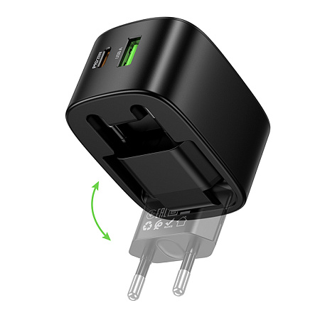 Сетевое зарядное устройство, 1 PD 20W + 1 USB 3.0 QC (CS101A), HOCO, Type-C to Type-C, складное, черный