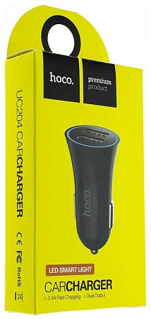 Автомобильное зарядное устройство, 2 USB 2.4A (UC204), HOCO, черный