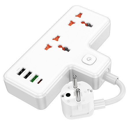 Сетевой фильтр на 2 розетки+3 USB+1 PD, 0.85м, AC12A, HOCO, белый