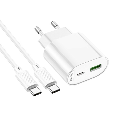Сетевое зарядное устройство, 1 PD 20W + 1 USB 3.0 QC (C109A), HOCO, Type-C to Type-C, белый