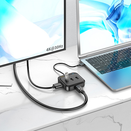 USB Хаб (HB37) с 1 Type-C на HDMI+RJ45+1 USB 3.0+2 USB 2.0+1 PD, HOCO, черный