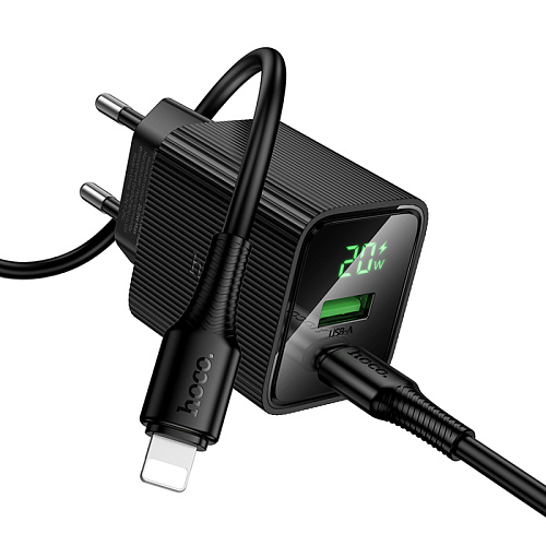 Сетевое зарядное устройство, 1 PD 20W + 1 USB 3.0 QC (CS83A), HOCO, Type-C to Lightning, с дисплеем, черный