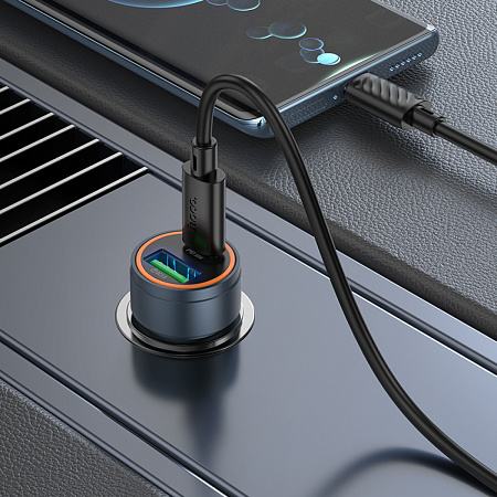Автомобильное зарядное устройство, 1 USB QC3.0 18W, 1 PD 30W (Z57A), HOCO, кабель Type-C to Type-C, серый