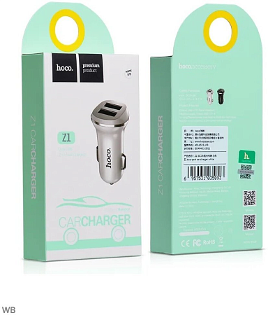 Автомобильное зарядное устройство, 2 USB 2.1A (Z1), usb cable lightning, HOCO, белый