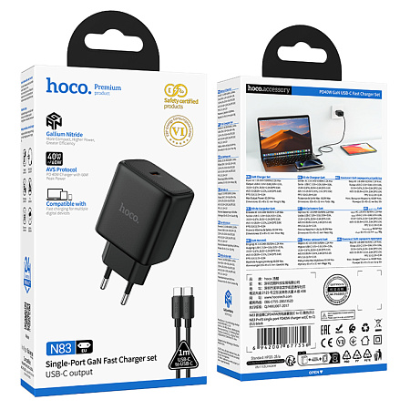 Сетевое зарядное устройство, 1 PD 40W (N83), HOCO, Type-C to Type-C, цвет черный