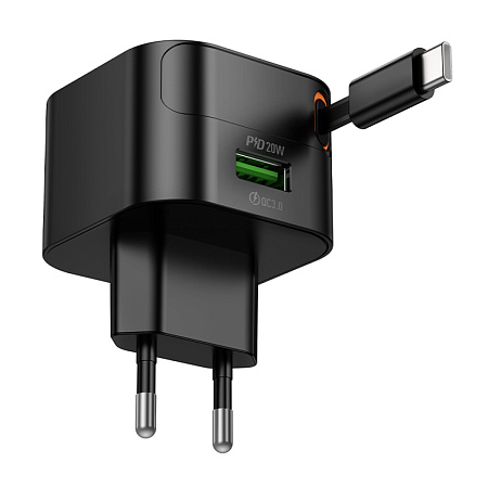 Сетевое зарядное устройство, 1 USB 3.0 QC+встроенный кабель-рулетка Type-C, 20W (C154A), HOCO, черный