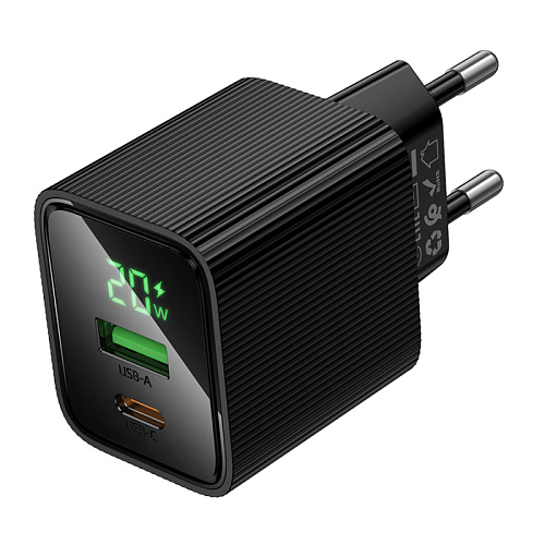 Сетевое зарядное устройство, 1 PD 20W + 1 USB 3.0 QC (CS83A), HOCO, с дисплеем, черный