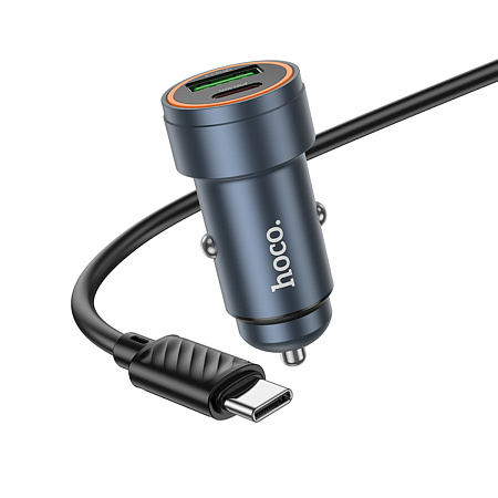 Автомобильное зарядное устройство, 1 USB QC3.0 18W, 1 PD 30W (Z57A), HOCO, кабель Type-C to Type-C, серый