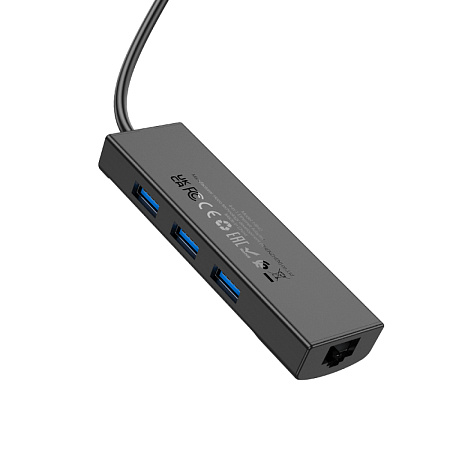 USB Хаб (HB42) с 1 USB на 3 USB 3.0+RJ45, HOCO, L=1.2M, черный