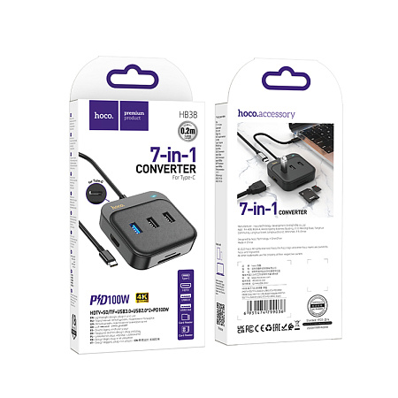 USB Хаб (HB38) с 1 Type-C на HDMI+SD/TF+1 USB 3.0+2 USB 2.0+1 PD, HOCO, черный