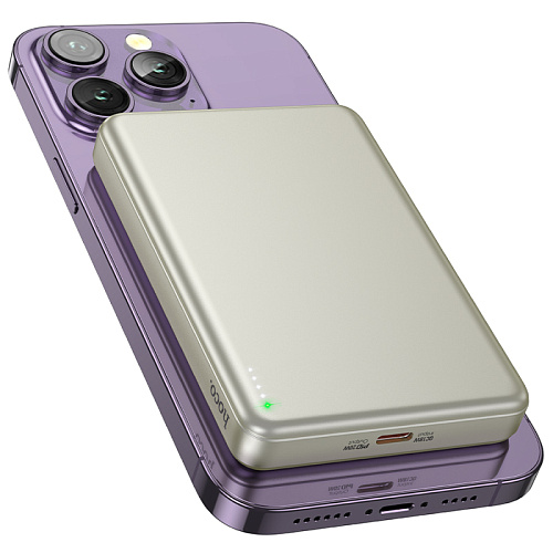 Универсальный Доп. Аккумулятор 10000mAh, Q26A, HOCO, 1 PD 20W, беспроводная зарядка (MagSafe), титановое золото