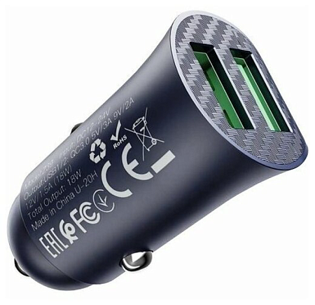 Автомобильное зарядное устройство, 2 USB 3.0 QC (Z39), 18W, HOCO, кабель Type-C, черный