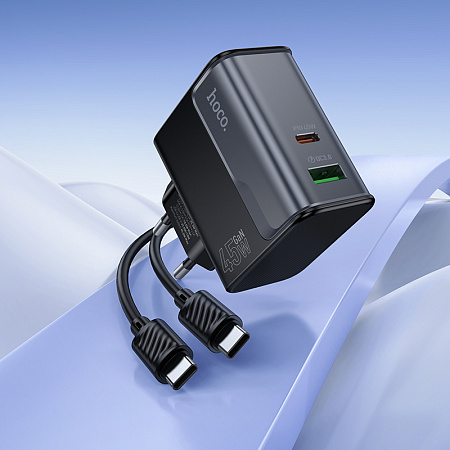 Сетевое зарядное устройство, 1 PD 45W + 1 USB 3.0 QC (CS74A), HOCO, Type-C to Type-C, черный