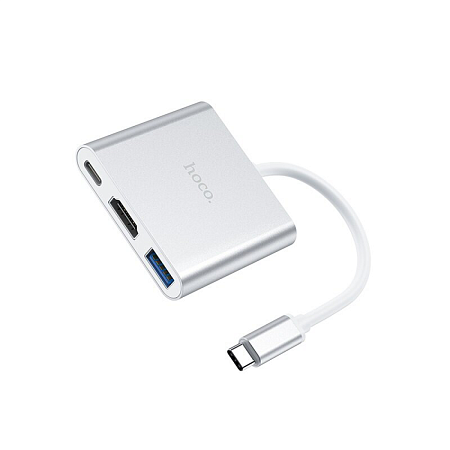 USB Хаб (HB14) c 1 Type-C на USB 3.0+HDMI+PD, HOCO, серебро