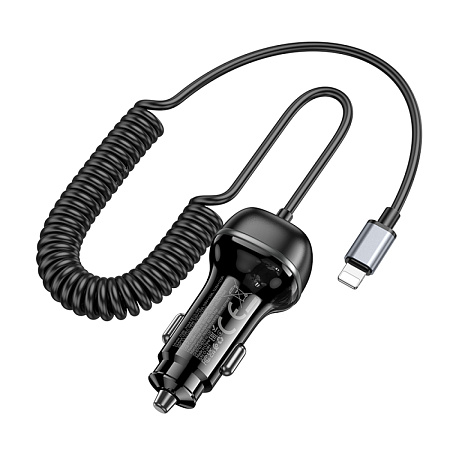 Автомобильное зарядное устройство, 1 USB QC3.0 18W, витой кабель Lightning (Z58B), HOCO, черный