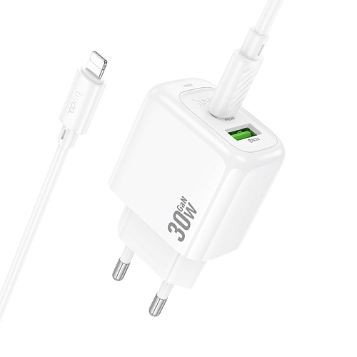 Сетевое зарядное устройство, 1 USB 3.0 QC+1 PD 30W (CS55A), HOCO, Type-C to Lightning, белый