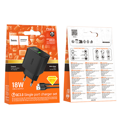 Сетевое зарядное устройство, 1 USB 3.0 QC (CS81A), HOCO, Micro, с дисплеем, черный
