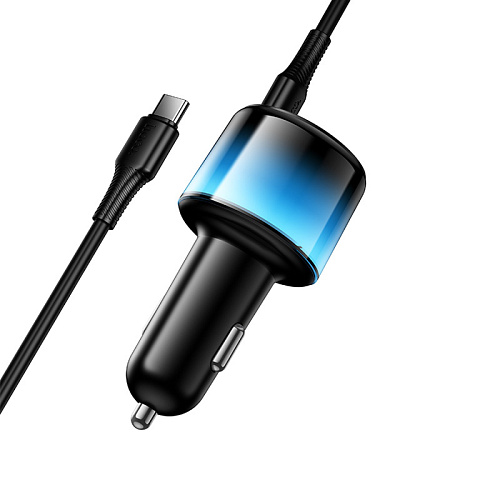 Автомобильное зарядное устройство, 1 USB 5V/2.4A + 2 PD 25W (Z69A), HOCO, кабель Type-C to Type-C, с дисплеем, черный