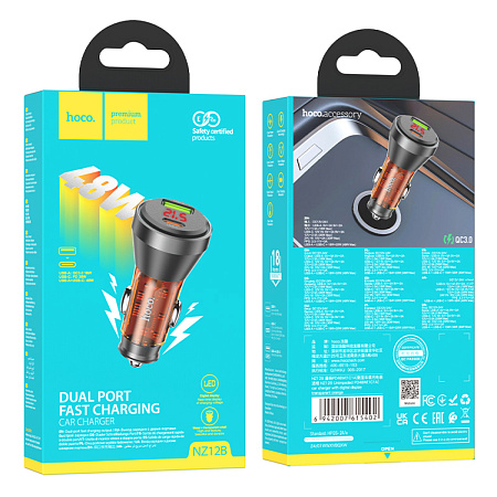 Автомобильное зарядное устройство, 1 USB QC3.0 18W, 1 PD 30W с дисплеем (NZ12B), HOCO, оранжевый с прозрачным