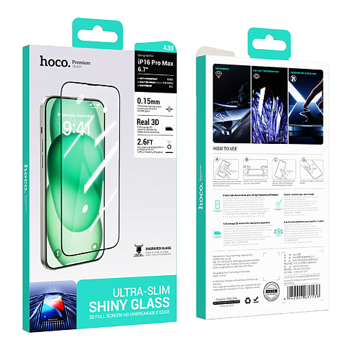    iPhone 16 Pro Max, A39, HOCO, Engraved 3D HD tempered glass 0.15mm, 