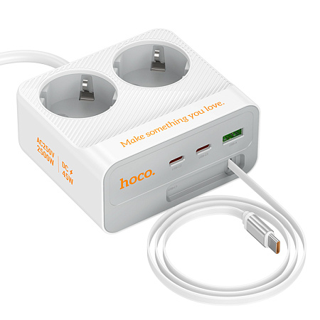 Сетевой фильтр на 2 розетки +1 USB+2 PD, кабель Type-C, 2м, AC28, HOCO, белый