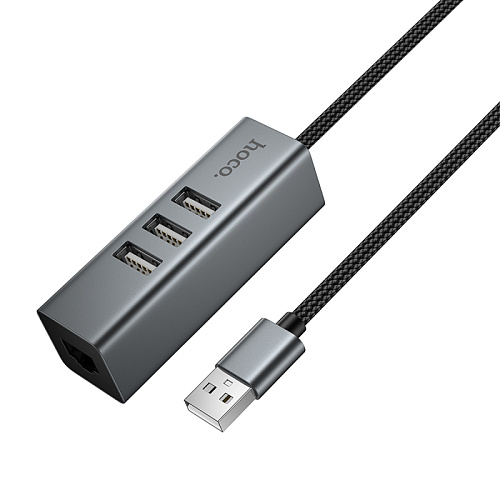 USB Хаб (HB1D) c 1 USB на 3 USB+RJ45, HOCO, скорость передачи: до 480 Мбит/с, серый