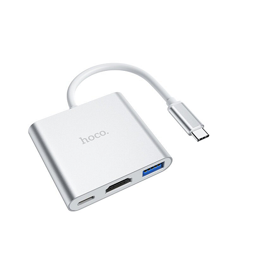 USB Хаб (HB14) c 1 Type-C на USB 3.0+HDMI+PD, HOCO, серебро